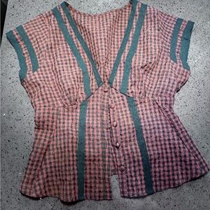 Women's Pink Plaid Button-Front Top with Green Trim